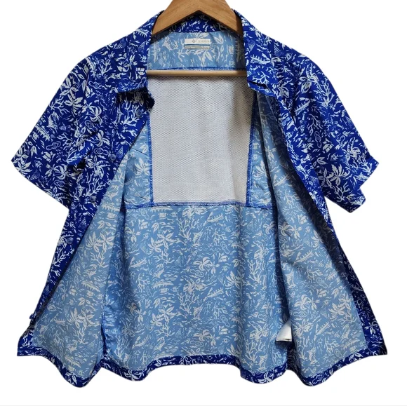 Columbia PFG Shirt Boys Youth XL Blue White Floral Hawaiian Short Sleeve Button - Picture 4 of 15